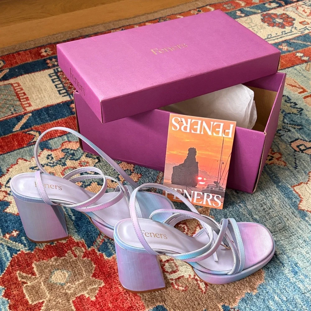 Feners “Le Disco” Iridescent Pastel Strappy Block Heel Sandals - Picture 5 of 7